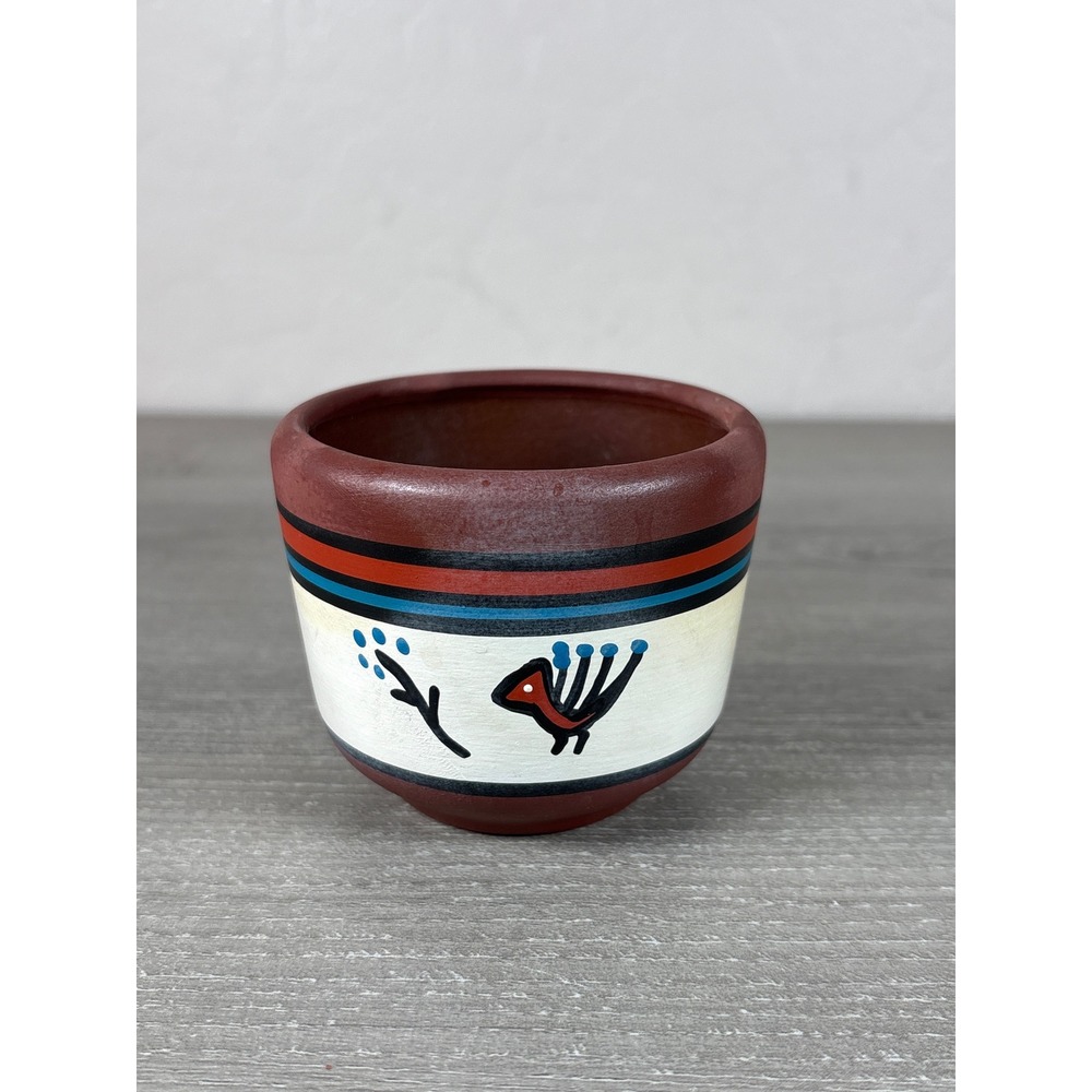 Vintage‎ Hand Painted Southwestern Terracotta Mini Planter Bird Motif 2.5 Inch